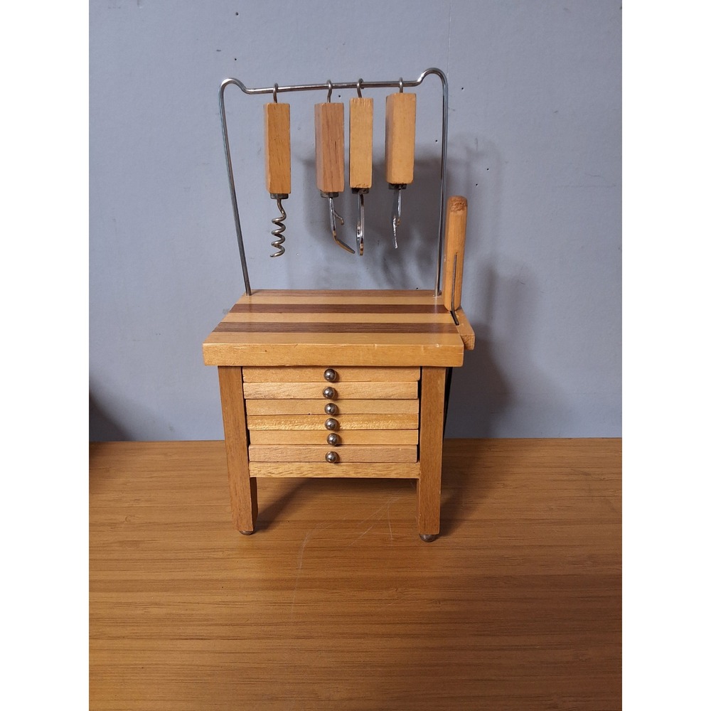 Vintage 1978 Enesco Butcher Block Bar Set Miniature Coasters Tools Taiwan 11pc